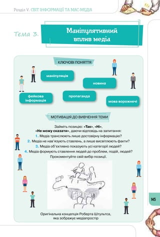 Розділ V. СВІТ ІНФОРМАЦІЇ ТА МАС-МЕДІА
145
Займіть позицію: «Так», «Ні», 	
«Не можу сказати», даючи відповідь на запитання:
1. Медіа транслюють лише достовірну інформацію?
2. Медіа не нав’язують ставлень, а лише висвітлюють факти?
3. Медіа об’єктивно показують усі категорії людей?
4. Медіа формують ставлення людей до проблем, подій, людей?
Прокоментуйте свій вибір позиції.
маніпуляція
новина
фейкова
інформація
пропаганда
мова ворожнечі
Ключові поняття
Мотивація до вивчення теми
Оригінальна концепція Роберта Штультса, 	
яка зображує медіапростір
Маніпулятивний
вплив медіа
Тема 3.
 