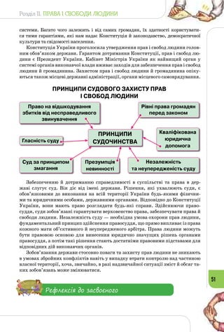 Розділ II. ПРАВА І СВОБОДИ ЛЮДИНИ
51
системи. Багато чого залежить і від самих громадян, їх здатності користувати­
ся тими гарантіями, які нам надає Конституція й законодавство, демократичної
культури та свідомості населення.
Конституція України проголосила утвердження прав і свобод людини голов­
ним обов’язком держави. Гарантом дотримання Конституції, прав і свобод лю­
дини є Президент України. Кабінет Міністрів України як найвищий орган у
системі органів виконавчої влади вживає заходів для забезпечення прав і свобод
людини й громадянина. Захистом прав і свобод людини й громадянина опіку­
ються також місцеві державні адміністрації, органи місцевого самоврядування.
Забезпеченню й дотриманню справедливості в суспільстві та права в дер­
жаві слугує суд. Він діє від імені держави. Рішення, які ухвалюють суди, є
обов’язковими до виконання на всій території України будь-якими фізични­
ми та юридичними особами, державними органами. Відповідно до Конституції
України, вони мають право розглядати будь-які справи. Здійснюючи право­
суддя, суди зобов’язані гарантувати верховенство права, забезпечувати права й
свободи людини. Незалежність суду — необхідна умова охорони прав людини,
фундаментальний принцип здійснення правосуддя, що прямо випливає із права
кожного мати об’єктивного й неупередженого арбітра. Права людини можуть
бути правовою основою для винесення юридично значущих рішень органами
правосуддя, а потім такі рішення стають достатніми правовими підставами для
відповідних дій виконавчих органів.
Зобов’язання держави стосовно поваги та захисту прав людини не зникають
в умовах збройних конфліктів навіть у випадку втрати контролю над частиною
власної території, хоча, звичайно, в разі надзвичайної ситуації зміст й обсяг та­
ких зобов’язань може змінюватися.
Рефлексія до засвоєного
ПРИНЦИПИ
СУДОЧИНСТВА
Право на відшкодування
збитків від несправедливого
звинувачення
Рівні права громадян
перед законом
Гласність суду
Суд за принципом
змагання
Презумпція
невинності
Незалежність
та неупередженість суду
Кваліфікована
юридична
допомога
П
ПРИНЦИПИ СУДОВОГО ЗАХИСТУ ПРАВ
І СВОБОД ЛЮДИНИ
 