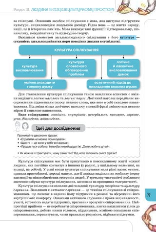 Розділ III. Людина в соціокультурному просторі
77
ва співпраці. Основним засобом спілкування є мова, яка виступає підґрунтям
культури, енциклопедією людського досвіду. Рідна мова — це життя народу,
нації, це її історична пам’ять. Мова виконує такі функції: відтворювальну, піз­
навальну, комунікативну та культурно-творчу.
Важливим елементом загальнолюдського спілкування є його культура  —
сукупність загальноприйнятих норм поведінки людини в суспільстві.
Культура спілкування
культура
словесного
обговорення
проблем
уміння знаходити
головну думку
естетичний підхід до
викладення власних думок
культура
висловлювання
логічне
й лаконічне
висловлювання
думок
Для становлення культури спілкування також важливим аспектом є вмін­
ня виділяти логічні наголоси та логічні паузи. Логічний наголос передбачає ви­
окремлення піднесенням голосу певного слова, яке несе в собі смислове наван­
таження. Від зміни місця логічного наголосу в певній фразі змінюється певною
мірою її смислове наповнення.
Види спілкування: зовнішнє, внутрішнє, невербальне, письмове, звукове,
усне, діалогічне, монологічне.
Ідеї для дослідження
Прочитайте двозначні фрази:
• «Стратити не можна помилувати»;
• «Щастя — це коли у тебе всі вдома»;
• «Продається собака. Невибагливий щодо їжі. Дуже любить дітей».
• Як можна їх трактувати, чому саме так? Від чого залежить зміст фрази?
Культура спілкування має бути присутньою в повсякденному житті кожної
людини, яка постійно контактує з іншими (у родині, у шкільному колективі, на
вулиці, на роботі). У різні епохи культура спілкування мала різні назви: етикет,
правила пристойності, хороші манери, але її завжди виділяли як особливу форму
взаємодії та міжособистісних стосунків людей. У третьому тисячолітті особливого
значення набуває культура спілкування, заснована на принципах толерантності.
Культура спілкування охоплює дві складові: культуру говоріння та культуру
слухання. Важливим є активне слухання — це техніка спілкування зі співроз­
мовником, що полягає в наданні йому підтримки в розмові та збереженні його
внутрішнього комфорту. Ознаками активного слухання є прояв зацікавленості,
участі, готовність надати підтримку, прагнення зрозуміти співрозмовника. Най­
простіші прийоми — не перебивати співрозмовника, злегка нахилитися тілом до
співрозмовника, робити кивки головою, піддакувати, мімікою показувати спів­
переживання, перепитувати, чи ви правильно розумієте, підбивати підсумки.
 
