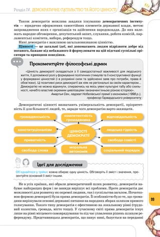 Розділ IV. ДЕМОКРАТИЧНЕ СУСПІЛЬСТВО ТА ЙОГО ЦІННОСТІ
99
Також демократія можлива завдяки існуванню демократичних інститу-
тів — юридично оформлених самостійних елементів державної влади, метою
запровадження яких є організація та здійснення народовладдя. До них нале­
жать народне обговорення, депутатський запит, слухання, робота комісій, пар­
ламентські комітети, вибори, референдум тощо.
Нині демократія є важливою загальновизнаною цінністю.
Цінності — це загальні ідеї, які допомагають людям відрізняти добре від
поганого, бажане від небажаного й формулювати на цій підставі суспільні орі-
єнтири та принципи поведінки.
Прокоментуйте філософські думки
«Цінність демократії складається з її самодостатньої важливості для людського
життя, її допоміжної ролі у формуванні політичних стимулів та її конструктивної функції
у формуванні цінностей (і в розумінні сили та здійсненні заяв про потреби, права й
обов’язки). Ці позитивні риси демократії аж ніяк не регіональні за своїм характером…
Демократію не можна відкинути, спираючись на якісь уявні культурні табу або схиль-
ності, начебто властиві окремим цивілізаціям і визначені їхньою різною історією».
Амартья Сен, лауреат Нобелівської премії з економіки (1998 р.),
професор Гарвардського університету
Демократичні цінності визначають універсальність демократії, пріоритет­
ність її для більшості людей, те, заради чого демократію варто захищати.
Ідеї для дослідження
Об’єднайтеся у трійки: кожна обирає одну цінність. Обговоріть її зміст і значення, пре-
зентуйте основний її зміст іншим.
Не в усіх країнах, які обрали демократичний шлях розвитку, демократія на­
буває найкращих форм і не завжди вирішує всі проблеми. Проте демократія дає
можливості для розвитку як окремої людини, так і суспільства загалом. Початко­
вою формою демократії була пряма демократія. Її особливістю було те, що грома­
дяни вирішували основні державні питання на народних зборах шляхом прямого
голосування. Такого типу демократія є ефективною на локальному рівні (трудо­
вий колектив, громада, місто тощо). У сучасному світі пряма демократія існує
лише на рівні місцевого самоврядування та під час ухвалення рішень шляхом ре­
ферендуму. Представницька демократія, що панує нині, базується на переданні
громадянськість відповідальністькомпетентність
громадянина
моральна
автономія
конституціоналізм людська гідність
приватність свобода совісті
свобода слова соціальний порядок
цінності
демократії
 