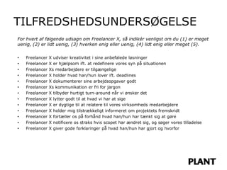 TILFREDSHEDSUNDERSØGELSE
For hvert af følgende udsagn om Freelancer X, så indikér venligst om du (1) er meget
uenig, (2) er lidt uenig, (3) hverken enig eller uenig, (4) lidt enig eller meget (5).

•   Freelancer   X udviser kreativitet i sine anbefalede løsninger
•   Freelancer   X er hjælpsom ift. at redefinere vores syn på situationen
•   Freelancer   Xs medarbejdere er tilgængelige
•   Freelancer   X holder hvad han/hun lover ift. deadlines
•   Freelancer   X dokumenterer sine arbejdsopgaver godt
•   Freelancer   Xs kommunikation er fri for jargon
•   Freelancer   X tilbyder hurtigt turn-around når vi ønsker det
•   Freelancer   X lytter godt til at hvad vi har at sige
•   Freelancer   X er dygtige til at relatere til vores virksomheds medarbejdere
•   Freelancer   X holder mig tilstrækkeligt informeret om projektets fremskridt
•   Freelancer   X fortæller os på forhånd hvad han/hun har tænkt sig at gøre
•   Freelancer   X notificere os straks hvis scopet har ændret sig, og søger vores tilladelse
•   Freelancer   X giver gode forklaringer på hvad han/hun har gjort og hvorfor
 
