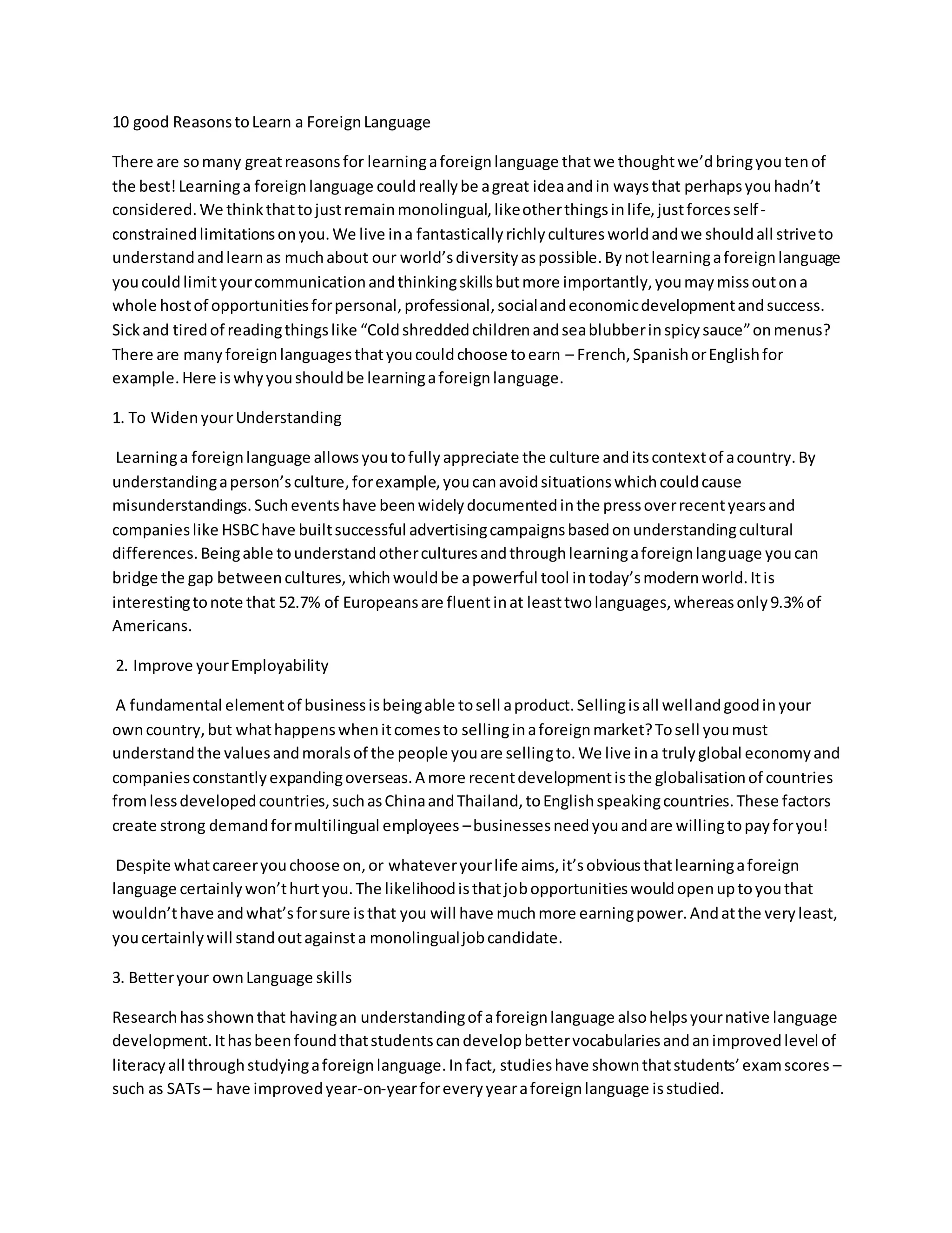 10 good reasons to learn a foreign language PDF