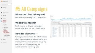 #5 All Campaigns
Where can I find this report?
Acquisition - Campaign - All Campaigns
What is this report?
Performance of ...
