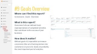 #9 Goals Overview
Where can I find this report?
Conversions - Goals - Overview
What is this report?
Overview of all user d...