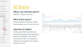 #2 Mobile
Where can I find this report?
Audience - Mobile - Overview
What is this report?
See which devices (Desktop, Tabl...
