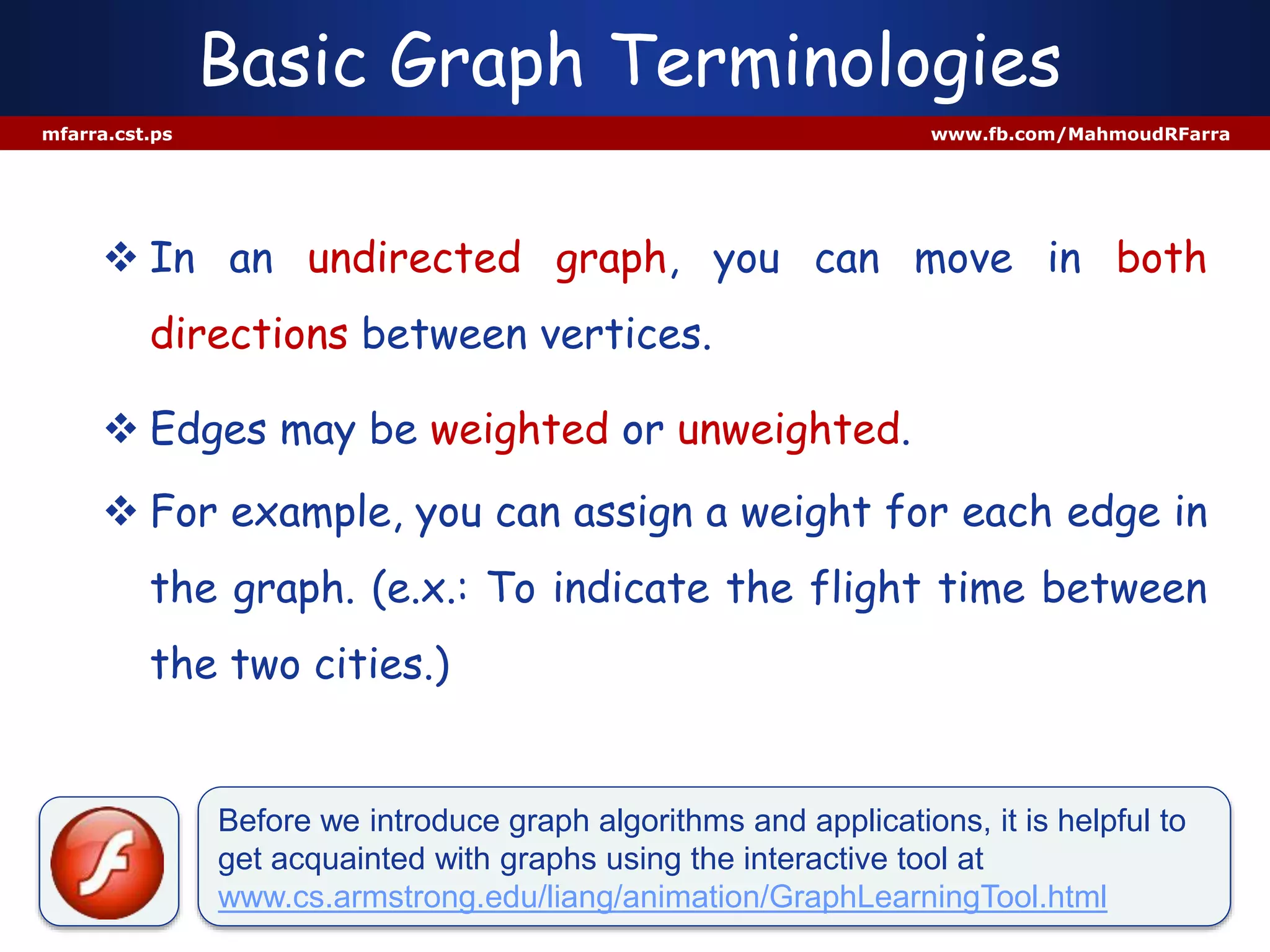 Basic Graph Terminologies
mfarra.cst.ps www.fb.com/MahmoudRFarra
Before we introduce graph algorithms and applications, it is helpful to
get acquainted with graphs using the interactive tool at
www.cs.armstrong.edu/liang/animation/GraphLearningTool.html
 In an undirected graph, you can move in both
directions between vertices.
 Edges may be weighted or unweighted.
 For example, you can assign a weight for each edge in
the graph. (e.x.: To indicate the flight time between
the two cities.)
 