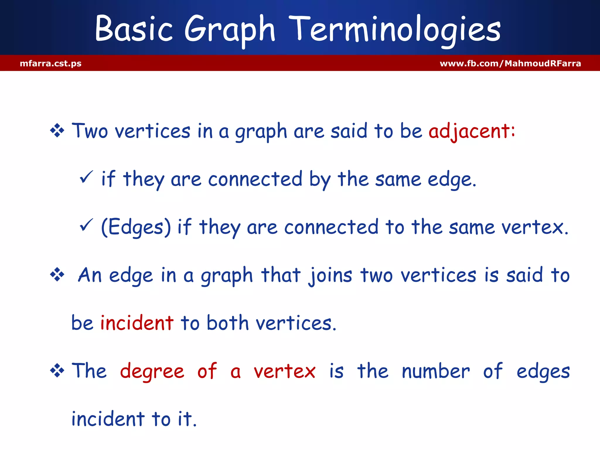 Basic Graph Terminologies
mfarra.cst.ps www.fb.com/MahmoudRFarra
 Two vertices in a graph are said to be adjacent:
 if they are connected by the same edge.
 (Edges) if they are connected to the same vertex.
 An edge in a graph that joins two vertices is said to
be incident to both vertices.
 The degree of a vertex is the number of edges
incident to it.
 