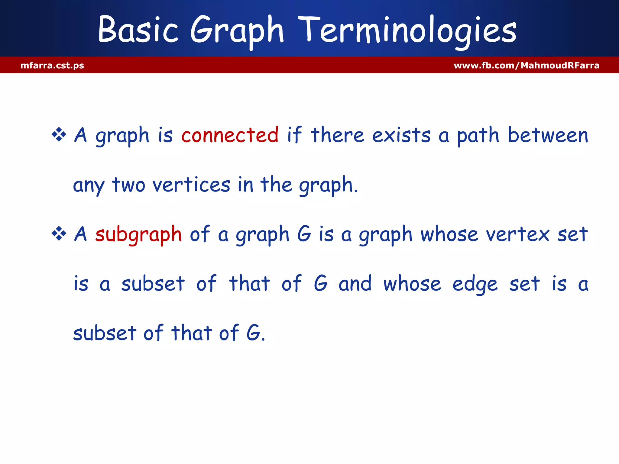 Basic Graph Terminologies
mfarra.cst.ps www.fb.com/MahmoudRFarra
 A graph is connected if there exists a path between
any two vertices in the graph.
 A subgraph of a graph G is a graph whose vertex set
is a subset of that of G and whose edge set is a
subset of that of G.
 