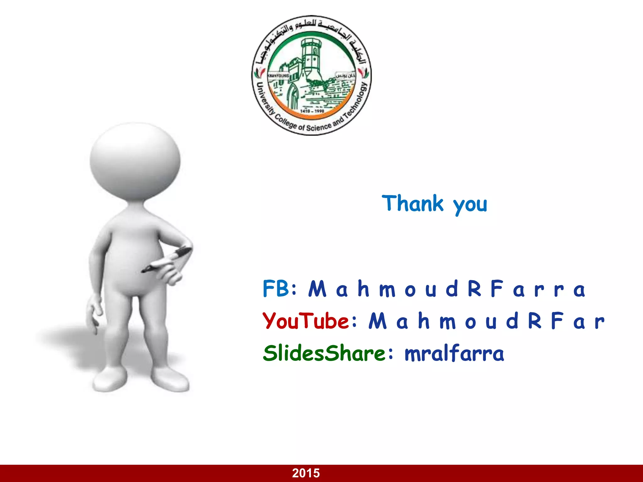 using Java
2015
FB: M a h m o u d R F a r r a
YouTube: M a h m o u d R F a r
SlidesShare: mralfarra
Thank you
 
