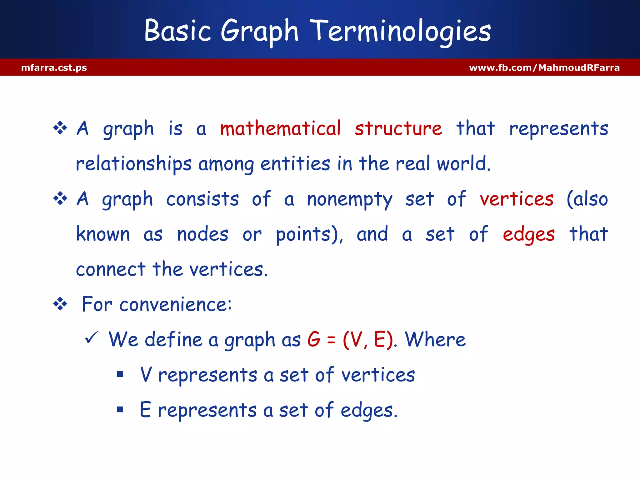 Basic Graph Terminologies
mfarra.cst.ps www.fb.com/MahmoudRFarra
 A graph is a mathematical structure that represents
relationships among entities in the real world.
 A graph consists of a nonempty set of vertices (also
known as nodes or points), and a set of edges that
connect the vertices.
 For convenience:
 We define a graph as G = (V, E). Where
 V represents a set of vertices
 E represents a set of edges.
 