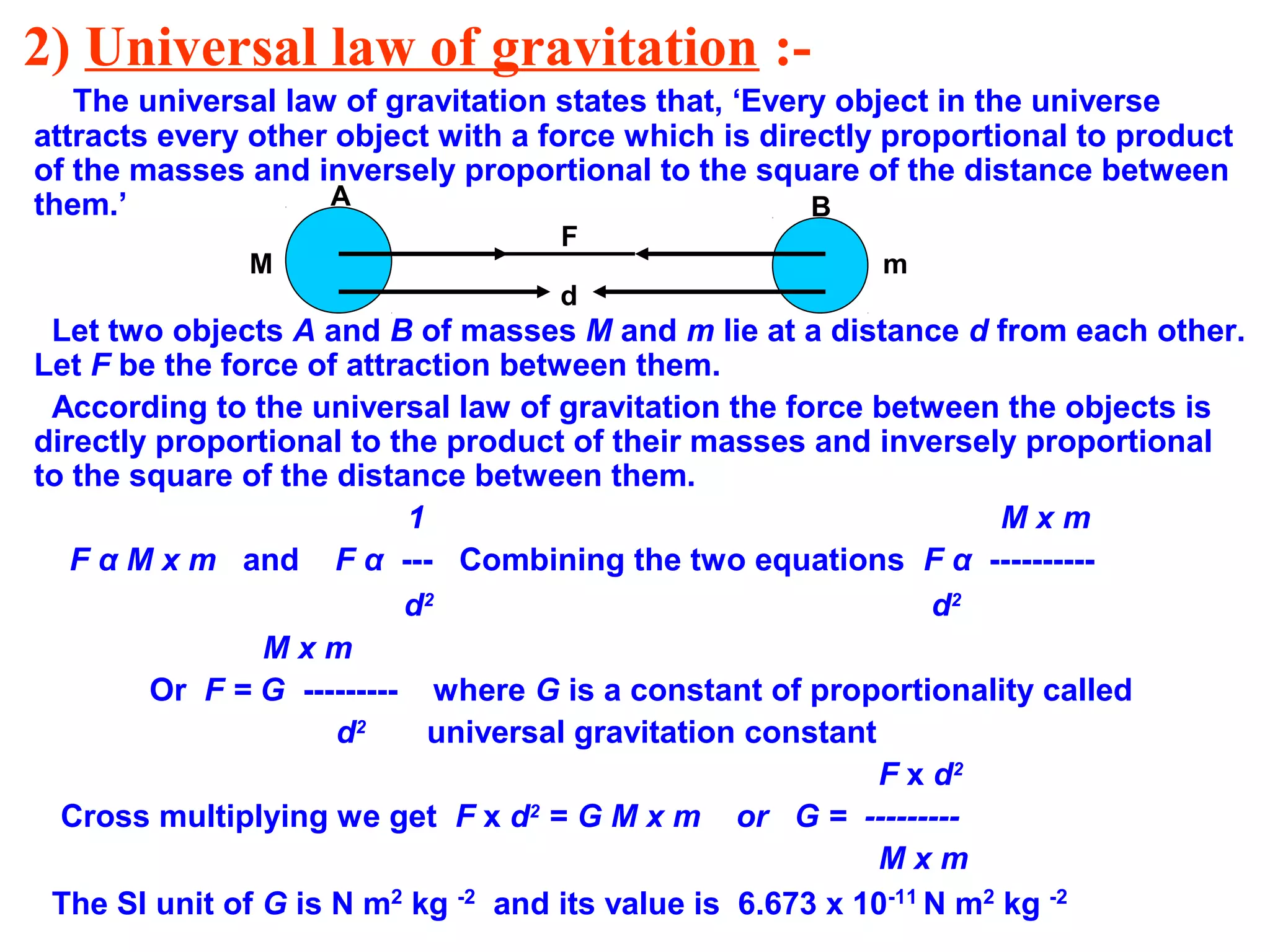 2) Universal law of gravitation :-
The universal law of gravitation states that, ‘Every object in the universe
attracts every other object with a force which is directly proportional to product
of the masses and inversely proportional to the square of the distance between
them.’
Let two objects A and B of masses M and m lie at a distance d from each other.
Let F be the force of attraction between them.
According to the universal law of gravitation the force between the objects is
directly proportional to the product of their masses and inversely proportional
to the square of the distance between them.
1 M x m
F α M x m and F α --- Combining the two equations F α ----------
d2
d2
M x m
Or F = G --------- where G is a constant of proportionality called
d2
universal gravitation constant
F x d2
Cross multiplying we get F x d2
= G M x m or G = ---------
M x m
The SI unit of G is N m2
kg -2
and its value is 6.673 x 10-11
N m2
kg -2
M m
A B
d
F
 