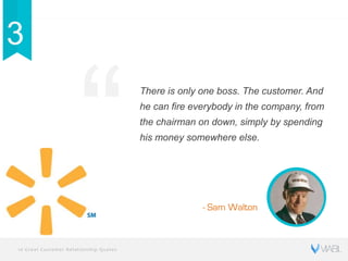 10 Great Customer Relationship Quotes
There is only one boss. The customer. And
he can fire everybody in the company, from
the chairman on down, simply by spending
his money somewhere else.
- Sam Walton
3
 