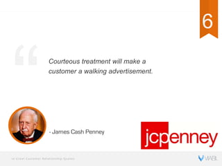 10 Great Customer Relationship Quotes
Courteous treatment will make a
customer a walking advertisement.
- James Cash Penne...