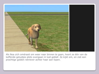 Als Noa zich omdraait om weer naar binnen te gaan, hoort ze n van de keffende geluidjes plots overgaan in luid geblaf. Ze kijkt om, en ziet een prachtige golden retriever achter haar aan lopen.