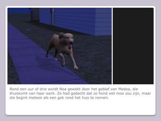 Rond een uur of drie wordt Noa gewekt door het geblaf van Medea, die thuiskomt van haar werk. Ze had gedacht dat ze hond wel moe zou zijn, maar die begint meteen als een gek rond het huis te rennen.