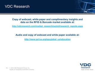 VDC ResearchCopy of webcast, white paper and complimentary insights and data on the RFID & Barcode market available at:http://vdcresearch.com/market_research/autoid/research_reports.aspxAudio and copy of webcast and white paper available at:http://www.gs1us.org/epcglobal_us/education2–	 2010 VDC Research Group, Inc.AutoID & Transaction Automation Practice