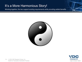 It’s a More Harmonious Story!Working together, the two support existing requirements while providing added benefits5–	 2010 VDC Research Group, Inc.AutoID & Transaction Automation Practice