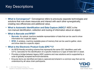 Key DescriptionsWhat is Convergence?  Convergence refers to previously separate technologies and solutions that now share resources and interact with each other synergistically, creating new efficiencies and additional value.What is Automatic Identification and Data Capture (AIDC)? AIDC is the non-manual identification, collection and routing of information about an object.What is Barcode and RFID?Barcode: An optical, machine readable representation of data that can be used to show information for a specific object.RFID: A wireless, machine readable piece of memory that can be used to gather, store and show data for a specific object.What is the Electronic Product Code (EPC™)?An RFID-friendly encoding scheme that represents the same GS1 identifiers used with U.P.C. barcodes for the identification of a specific instance or a type of trade item or asset.Provides a bridge between legacy AIDC systems and new solutions and is supported by a suite of globally accepted technical standards.Ensures items are identified and data is captured and shared in a common way that can be understood by all value chain participants.6 –	 2010 VDC Research Group, Inc.	AutoID & Transaction Automation Practice