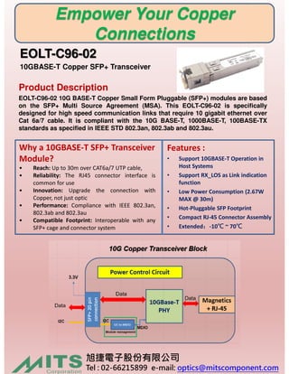 Empower Your Copper
Connections
旭捷電子股份有限公司
Tel : 02-66215899 e-mail: optics@mitscomponent.com
EOLT-C96-02
10GBASE-T Copper SFP+ Transceiver
Product Description
EOLT-C96-02 10G BASE-T Copper Small Form Pluggable (SFP+) modules are based
on the SFP+ Multi Source Agreement (MSA). This EOLT-C96-02 is specifically
designed for high speed communication links that require 10 gigabit ethernet over
Cat 6a/7 cable. It is compliant with the 10G BASE-T, 1000BASE-T, 100BASE-TX
standards as specified in IEEE STD 802.3an, 802.3ab and 802.3au.
Features :
• Support 10GBASE-T Operation in
Host Systems
• Support RX_LOS as Link indication
function
• Low Power Consumption (2.67W
MAX @ 30m)
• Hot-Pluggable SFP Footprint
• Compact RJ-45 Connector Assembly
• Extended：：：：-10℃ ~ 70℃
Why a 10GBASE-T SFP+ Transceiver
Module?
• Reach: Up to 30m over CAT6a/7 UTP cable,
• Reliability: The RJ45 connector interface is
common for use
• Innovation: Upgrade the connection with
Copper, not just optic
• Performance: Compliance with IEEE 802.3an,
802.3ab and 802.3au
• Compatible Footprint: Interoperable with any
SFP+ cage and connector system
 