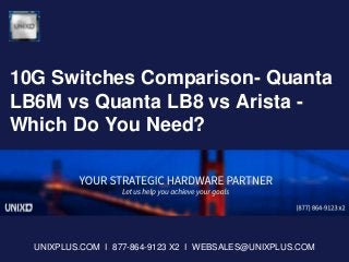 10G Switches Comparison- Quanta
LB6M vs Quanta LB8 vs Arista -
Which Do You Need?
UNIXPLUS.COM I 877-864-9123 X2 I WEBSALES@UNIXPLUS.COM
 