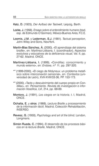 88 GUÍA DIDÁCTICA PARA LA LECTOESCRITURA BRAILLE
Katz, D. (1925), Der Aufbaü der Tastwelt, Leipzig, Barth.
Locke, J. (1956), Ensayo sobre el entendimiento humano (trad.
esp. de Edmundo O’Gorman), México-Buenos Aires, F.C.E.
Loomis, J.M. y Lederman, S.J. (1981). Tactual perception,
John Wiley and Sons, NewYork.
Martín-Blas Sánchez, Á. (2000), «El aprendizaje del sistema
braille», en: Martínez-Liébana, I. (coordinador), Aspectos
evolutivos y educativos de la deficiencia visual, Vol. II, pp.
27-62, Madrid, ONCE.
Martínez-Liébana, I. (1999), «Condillac: conocimiento y
mundo externo», en: Endoxa, nº 11, pp. 297-320.
“” (1999-2000), «El ciego de Molyneux: un problema metafí­
sico sobre interconexión sensorial», en: Contextos (uni­
versidad de León), XVII-XVIII/33-36, PP
. 153-173.
“” (2000), «Tacto y descubrimiento del cuerpo propio en Con­
dillac», en: Pensamiento. Revista de investigación e infor­
mación filosófica, LVI, 214, pp. 69-89.
Montoro, J. (1991), Los ciegos en la historia, t. I, Madrid,
ONCE.
Ochaíta, E, y otros. (1988), Lectura Braille y procesamiento
de la información táctil, Madrid, Colección Rehabilitación,
INSERSO.
Revesz, G. (1950), Psychology and art of the blind, London,
Longmans.
Simón Rueda, C. (1994), El desarrollo de los procesos bási­
cos en la lectura Braille, Madrid, ONCE.
 