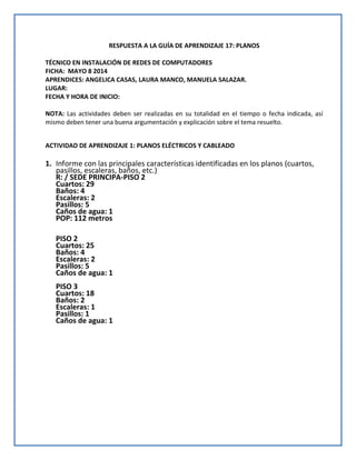 RESPUESTA A LA GUÍA DE APRENDIZAJE 17: PLANOS
TÉCNICO EN INSTALACIÓN DE REDES DE COMPUTADORES
FICHA: MAYO 8 2014
APRENDICES: ANGELICA CASAS, LAURA MANCO, MANUELA SALAZAR.
LUGAR:
FECHA Y HORA DE INICIO:
NOTA: Las actividades deben ser realizadas en su totalidad en el tiempo o fecha indicada, así
mismo deben tener una buena argumentación y explicación sobre el tema resuelto.
ACTIVIDAD DE APRENDIZAJE 1: PLANOS ELÉCTRICOS Y CABLEADO
1. Informe con las principales características identificadas en los planos (cuartos,
pasillos, escaleras, baños, etc.)
R: / SEDE PRINCIPA-PISO 2
Cuartos: 29
Baños: 4
Escaleras: 2
Pasillos: 5
Caños de agua: 1
POP: 112 metros
PISO 2
Cuartos: 25
Baños: 4
Escaleras: 2
Pasillos: 5
Caños de agua: 1
PISO 3
Cuartos: 18
Baños: 2
Escaleras: 1
Pasillos: 1
Caños de agua: 1
 
