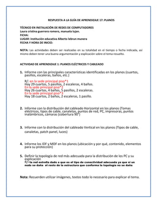 RESPUESTA A LA GUÍA DE APRENDIZAJE 17: PLANOS
TÉCNICO EN INSTALACIÓN DE REDES DE COMPUTADORES
Laura cristina guerrero rome...