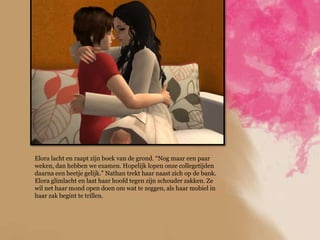 Elora lacht en raapt zijn boek van de grond. “Nog maar een paar
weken, dan hebben we examen. Hopelijk lopen onze collegetijden
daarna een beetje gelijk.” Nathan trekt haar naast zich op de bank.
Elora glimlacht en laat haar hoofd tegen zijn schouder zakken. Ze
wil net haar mond open doen om wat te zeggen, als haar mobiel in
haar zak begint te trillen.
 