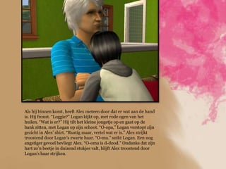 Als hij binnen komt, heeft Alex meteen door dat er wat aan de hand
is. Hij fronst. “Loggie?” Logan kijkt op, met rode ogen van het
huilen. “Wat is er?” Hij tilt het kleine jongetje op en gaat op de
bank zitten, met Logan op zijn schoot. “O-opa,” Logan verstopt zijn
gezicht in Alex‟ shirt. “Rustig maar, vertel wat er is.” Alex strijkt
troostend door Logan‟s zwarte haar. “O-ma.” snikt Logan. Een nog
angstiger gevoel bevliegt Alex. “O-oma is d-dood.” Ondanks dat zijn
hart zo‟n beetje in duizend stukjes valt, blijft Alex troostend door
Logan‟s haar strijken.
 