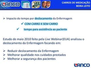 CARROS DE MEDICAÇÃO
BEIRA LEITO

 Impacto do tempo por deslocamento da Enfermagem
 COM CARRO X SEM CARRO


tempo para assistência ao paciente

Estudo de maio 2010 feito pela Live Webinar(EUA) analisou o
deslocamento da Enfermagem focando em:
 Reduzir deslocamento da Enfermagem
 Melhorar qualidade nos cuidados prestados
 Melhorar a segurança dos pacientes

 