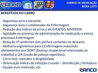 CARROS DE MEDICAÇÃO
BEIRA LEITO

BENEFÍCIOS DO CARRO
- Segurança para o paciente
- Segurança para o colaborador da Enfermagem
- Redução dos índices de erros e de EVENTOS ADVERSOS
- Agilidade no processo de administração de medicação e outros
processos Enfermagem
- Redução nº acidentes com pérfuro cortantes no descarte
- Melhoria ergonômica para a Enfermagem reduzindo
afastamentos por DORT (Doença ocupacional relacionada ao
trabalho) e LER (Lesão de esforço repetitivo);
- Carro leve, manobra e dirigibilidade
- Diminuição índices de infecção cruzada – desinfecção / fechadura
- Equipe mais motivada, etc

 