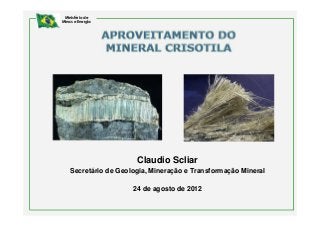 Ministério de
Minas e Energia




                       Claudio Scliar
    Secretário de Geologia, Mineração e Transformação Mineral

                      24 de agosto de 2012
 
