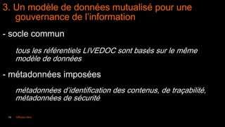15 Diffusion libre
3. Un modèle de données mutualisé pour une
gouvernance de l’information
- socle commun
tous les référentiels LIVEDOC sont basés sur le même
modèle de données
- métadonnées imposées
métadonnées d’identification des contenus, de traçabilité,
métadonnées de sécurité
 