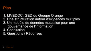 2 Diffusion libre
Plan
1. LIVEDOC, GED du Groupe Orange
2. Une structuration autour d’exigences multiples
3. Un modèle de données mutualisé pour une
gouvernance de l’information
4. Conclusion
5. Questions / Réponses
 