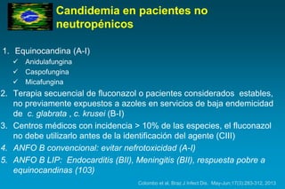 Candidemia en pacientes no neutropénicos 
1.Equinocandina(A-I) 
Anidulafungina 
Caspofungina 
Micafungina 
2.Terapia secuencial de fluconazolo pacientes considerados estables, no previamente expuestos a azolesen servicios de baja endemicidadde c. glabrata , c. krusei (B-I) 
3.Centros médicos con incidencia > 10% de las especies, el fluconazolno debe utilizarlo antes de la identificación del agente (CIII) 
4.ANFO B convencional: evitar nefrotoxicidad (A-I) 
5.ANFO B LIP: Endocarditis (BII), Meningitis (BII), respuesta pobre a equinocandinas(103) 
Colombo et al, Braz J Infect Dis. May-Jun;17(3):283-312, 2013  