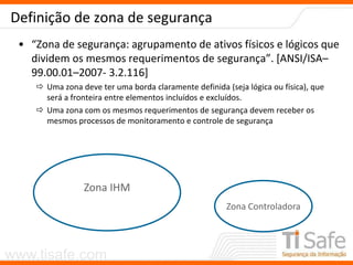 www.tisafe.com
Definição de zona de segurança
• Zona de segurança: agrupamento de ativos físicos e lógicos que
dividem os mesmos requerimentos de segurança . [AN“I/I“A–
99.00.01–2007- 3.2.116]
 Uma zona deve ter uma borda claramente definida (seja lógica ou física), que
será a fronteira entre elementos incluídos e excluídos.
 Uma zona com os mesmos requerimentos de segurança devem receber os
mesmos processos de monitoramento e controle de segurança
Zona IHM
Zona Controladora
 