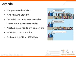 www.tisafe.com
Agenda
• Um pouco de história...
• A norma ANSI/ISA-99
• O modelo de defesa em camadas
baseado em zonas e conduítes
• A solução através de um framework
• Materialização das idéias
• Da teoria a prática - ICS Village
 