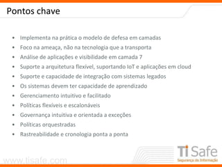 www.tisafe.com
Pontos chave
• Implementa na prática o modelo de defesa em camadas
• Foco na ameaça, não na tecnologia que a transporta
• Análise de aplicações e visibilidade em camada 7
• Suporte a arquitetura flexível, suportando IoT e aplicações em cloud
• Suporte e capacidade de integração com sistemas legados
• Os sistemas devem ter capacidade de aprendizado
• Gerenciamento intuitivo e facilitado
• Políticas flexíveis e escalonáveis
• Governança intuitiva e orientada a exceções
• Políticas orquestradas
• Rastreabilidade e cronologia ponta a ponta
 