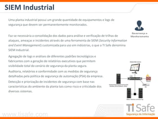 www.tisafe.com
SIEM Industrial
Uma planta industrial possui um grande quantidade de equipamentos e logs de
segurança que devem ser permanentemente monitorados.
Faz-se necessária a consolidação dos dados para análise e verificação de trilhas de
ataques, ameaças e incidentes através de uma ferramenta de SIEM (Security Information
and Event Management) customizada para uso em indústrias, o que a TI Safe denomina
SIEM Industrial.
Agregação de logs e análises de diferentes padrões tecnológicos e
fabricantes com a geração de relatórios executivos que permitem
visibilidade total do cenário de segurança da planta segura.
Auditoria, relatórios e conformidade com as medidas de segurança
detalhadas pela política de segurança de automação (PSA) da empresa.
Detecção e priorização de incidentes de segurança com base nas
características do ambiente da planta tais como risco e criticidade dos
diversos sistemas.
 