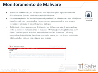 www.tisafe.com
Monitoramento de Malware
• A atividade de Malware e/ou APT em uma rede de automação é algo extremamente
destrutivo e que deve ser monitorado permanentemente.
• O framework prevê o uso de um componente para detecção de Malware e APT, detecção de
conteúdo malicioso, comunicação e comportamento que possa indicar uma ameaça
avançada ou atividade do atacante durante o ataque.
• O objetivo é evitar o alastramento de infecções por Malware na rede de automação ao
cortar as conexões maliciosas entre as máquinas infectadas (comunicação lateral), assim
como a comunicação de máquinas infectadas com seu C&C (Command Controler),
mantendo a disponibilidade da rede de automação mesmo em caso de uma máquina ter
sido infectada, e isolando esta máquina para limpeza.
 