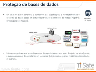 www.tisafe.com
Proteção de bases de dados
• Em casos de dados sensíveis, o framework traz suporte para o monitoramento do
consumo de destes dados em tempo real transações em bases de dados e registros
críticos para seu negócio.
• Este componente garante o monitoramento de ocorrências em suas bases de dados e o atendimento
a suas necessidades de compliance em segurança da informação, gerando relatórios automatizados
de auditoria.
 