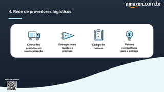 4. Rede de provedores logísticos
Coleta dos
produtos em
sua localização
Entregas mais
rápidas e
precisas
Código de
rastrei...