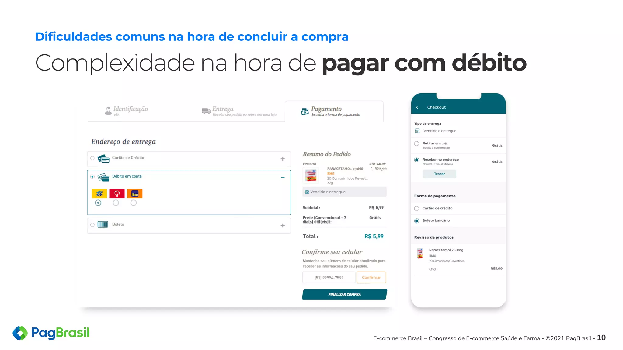 Complexidade na hora de pagar com débito
Dificuldades comuns na hora de concluir a compra
E-commerce Brasil – Congresso de E-commerce Saúde e Farma - ©2021 PagBrasil - 10
 
