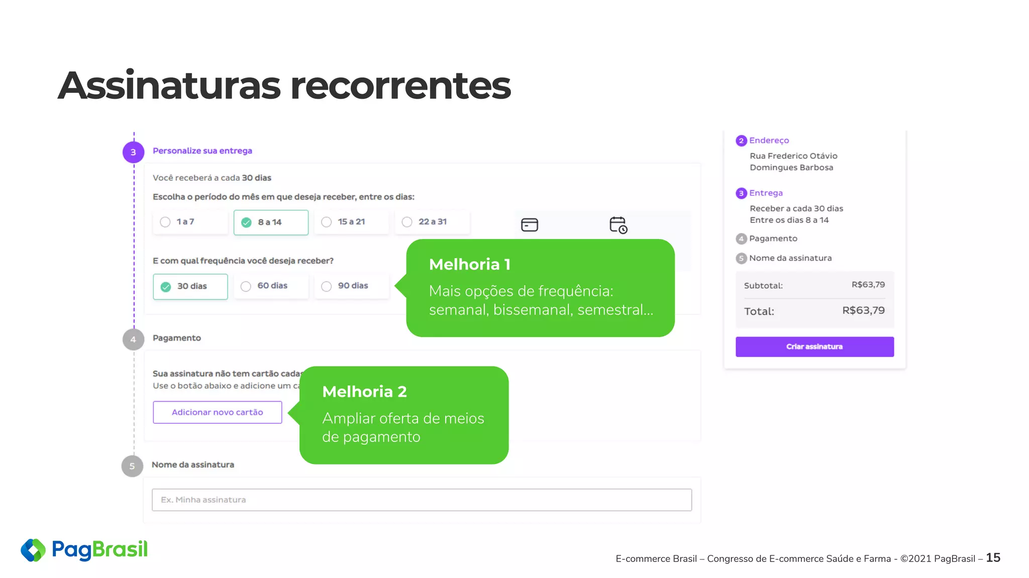 Assinaturas recorrentes
E-commerce Brasil – Congresso de E-commerce Saúde e Farma - ©2021 PagBrasil – 15
Melhoria 2
Ampliar oferta de meios
de pagamento
Melhoria 1
Mais opções de frequência:
semanal, bissemanal, semestral...
 