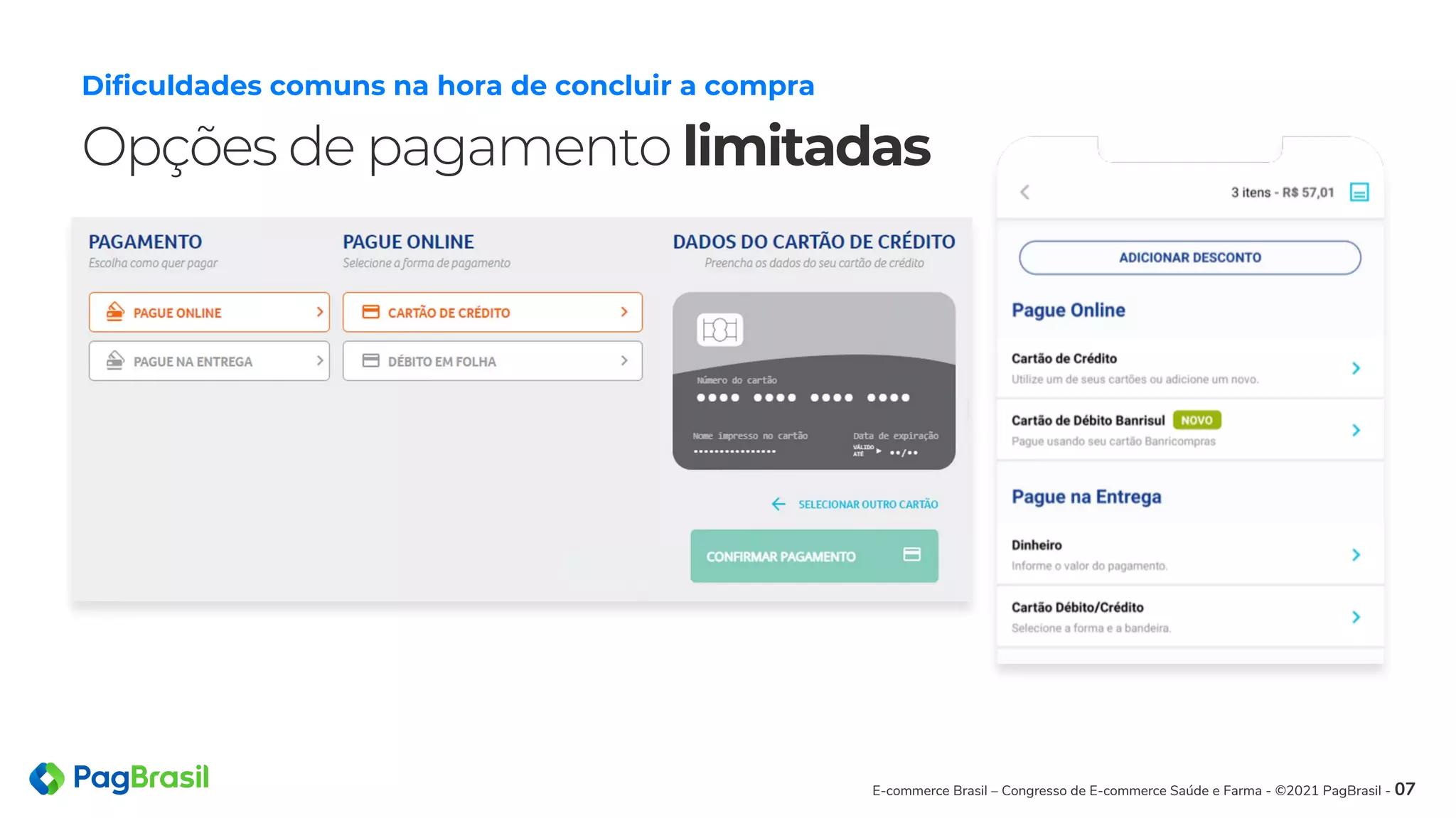 Opções de pagamento limitadas
Dificuldades comuns na hora de concluir a compra
E-commerce Brasil – Congresso de E-commerce Saúde e Farma - ©2021 PagBrasil - 07
 