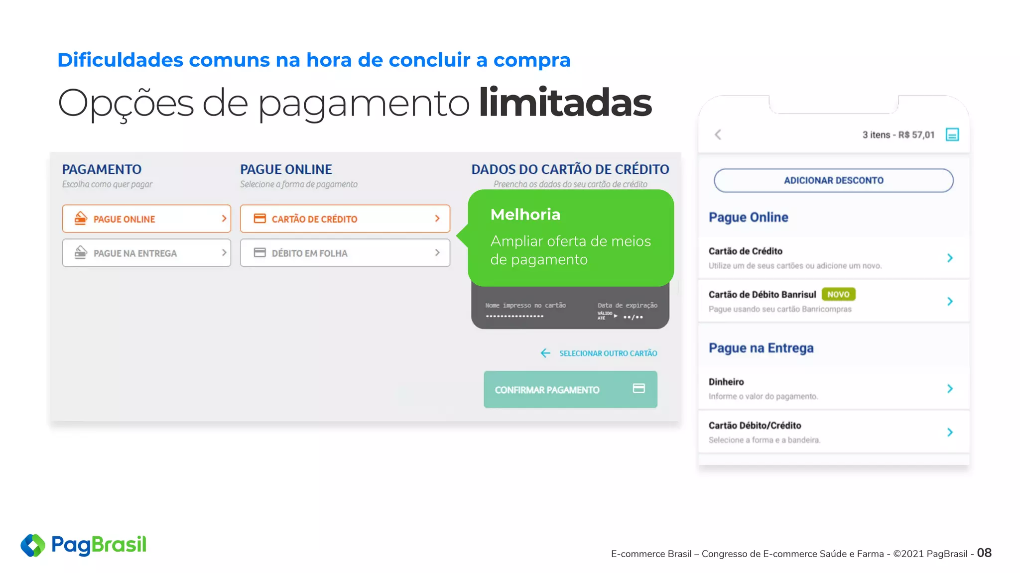 Opções de pagamento limitadas
Dificuldades comuns na hora de concluir a compra
E-commerce Brasil – Congresso de E-commerce Saúde e Farma - ©2021 PagBrasil - 08
Melhoria
Ampliar oferta de meios
de pagamento
 