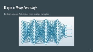 O que é Deep Learning?
Redes Neurais Artificiais com muitas camadas
2
 