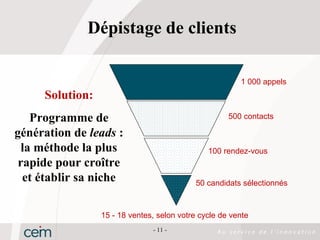 Dépistage de clients

                                                        1 000 appels
     Solution:
    Programme de                                     500 contacts

génération de leads :
  la méthode la plus                           100 rendez-vous
 rapide pour croître
  et établir sa niche                       50 candidats sélectionnés



                 15 - 18 ventes, selon votre cycle de vente
                               - 11 -
 