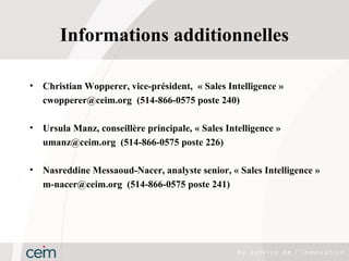 Informations additionnelles

•   Christian Wopperer, vice-président, « Sales Intelligence »
    cwopperer@ceim.org (514-866-0575 poste 240)

•   Ursula Manz, conseillère principale, « Sales Intelligence »
    umanz@ceim.org (514-866-0575 poste 226)

•   Nasreddine Messaoud-Nacer, analyste senior, « Sales Intelligence »
    m-nacer@ceim.org (514-866-0575 poste 241)
 