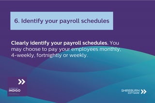 Clearly identify your payroll schedules. You
may choose to pay your employees monthly,
4-weekly, fortnightly or weekly.
6....